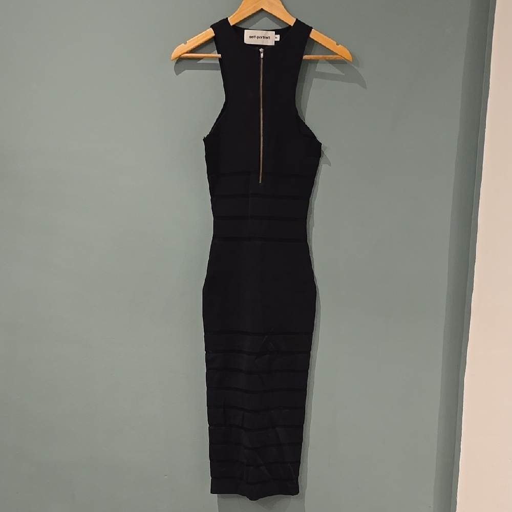 Self-Portrait Black Ribbed Bodycon Midi Dress Sz M